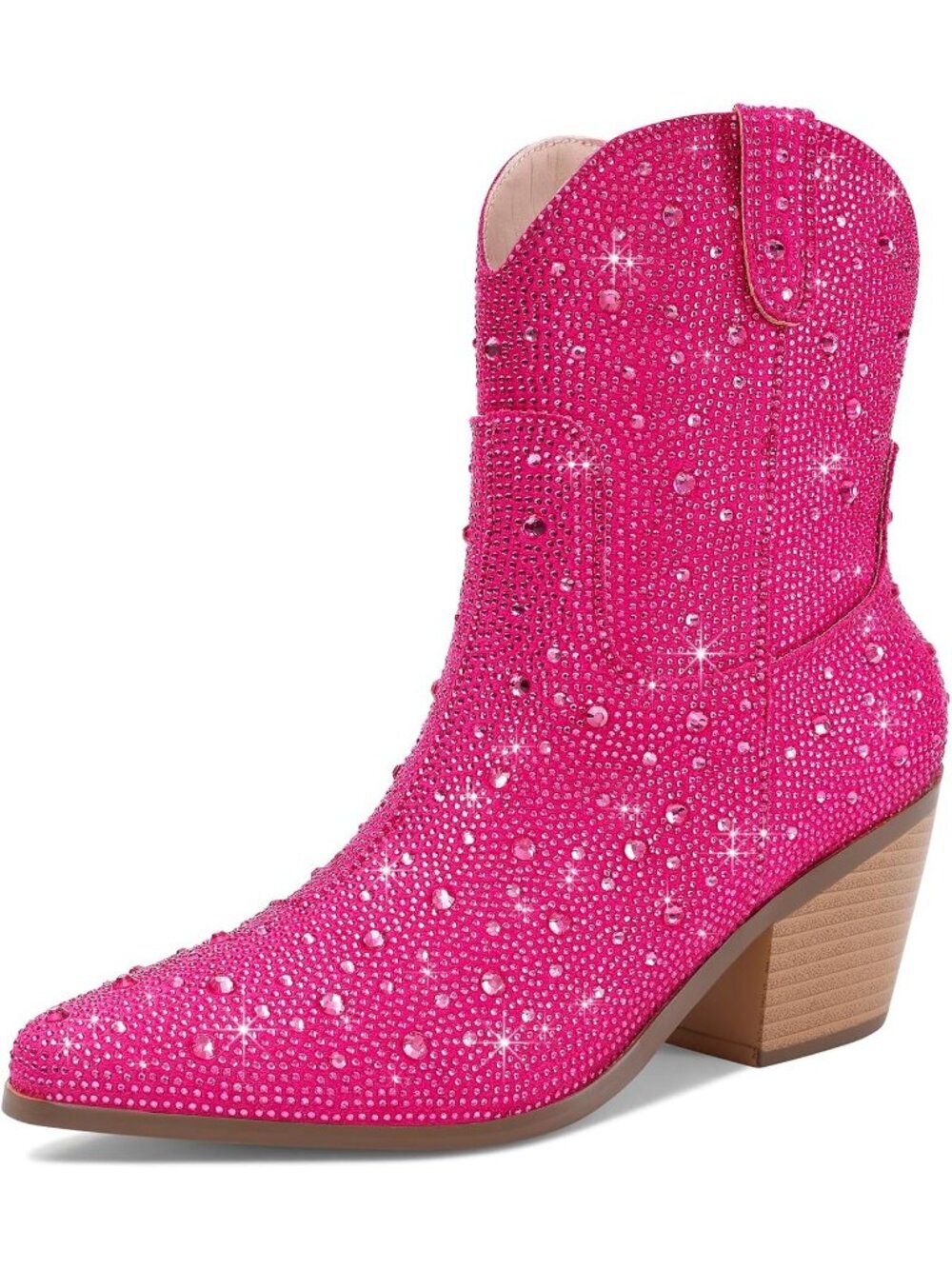 Women's Hot Pink Sparkly Ankle Cowgirl Boots Glitter Pointed Toe Chunky Heels